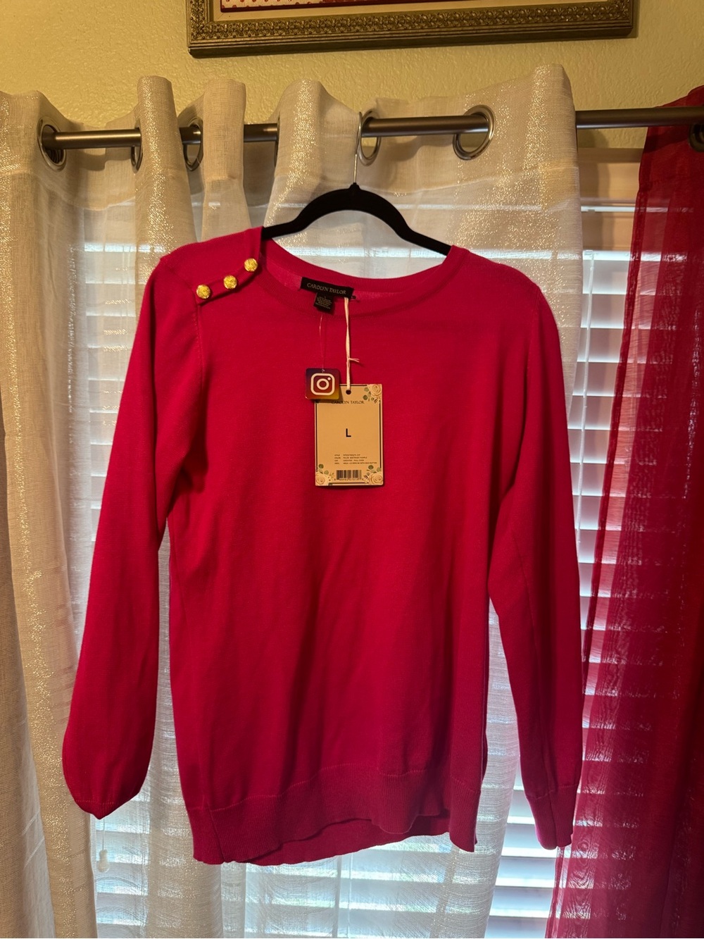 Carolyn Taylor Bright Pink Crewneck Sweater with Gold Shoulder Buttons